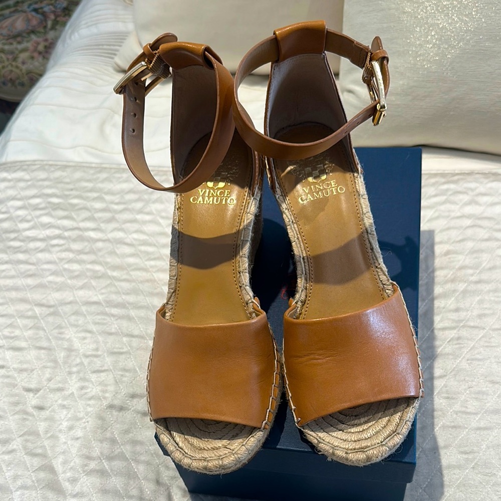 Vince Camuto, tan leather and rope wedges. Size 9